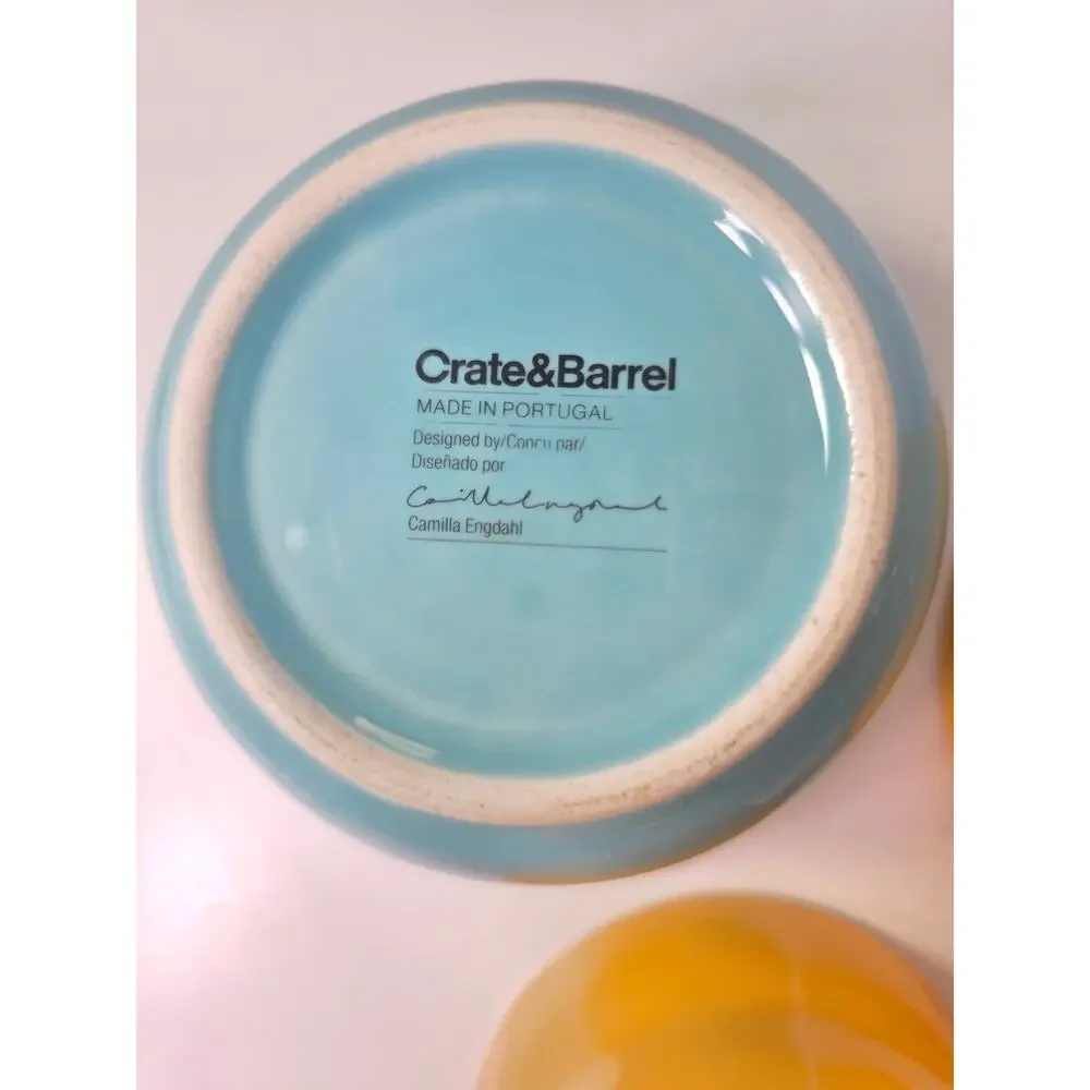 CRATE & BARREL Mustard Blue Small Nesting Earthenware Bowls Portugal Set of 3